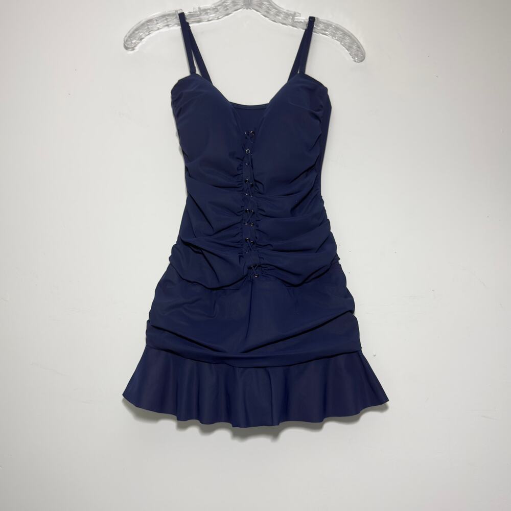 PROFILE by GOTTEX 60s Style Ruched Navy Lace Up Swimsuit Dress Size 12 Large